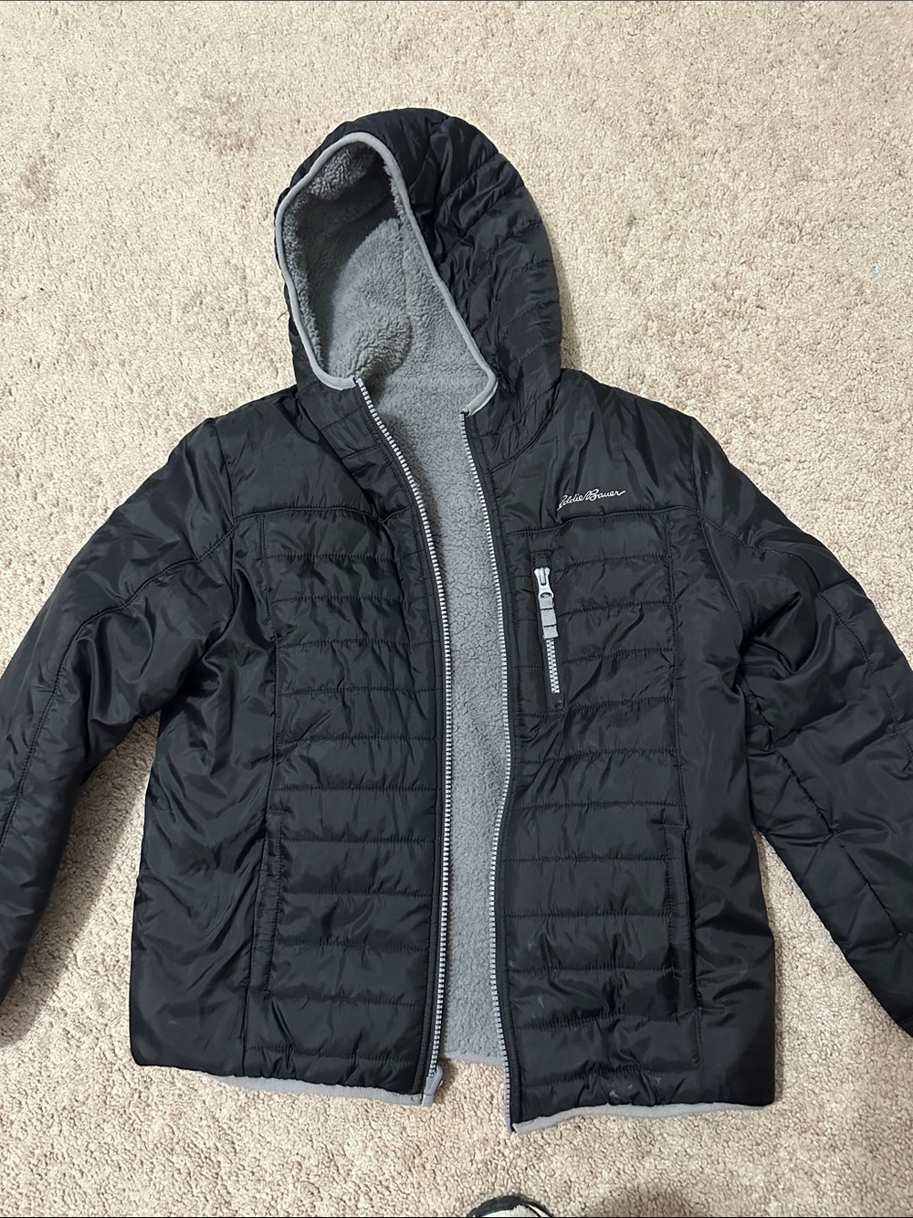 Eddie Bauer Black Quilted Hooded Puffer with Gray Fleece Lining